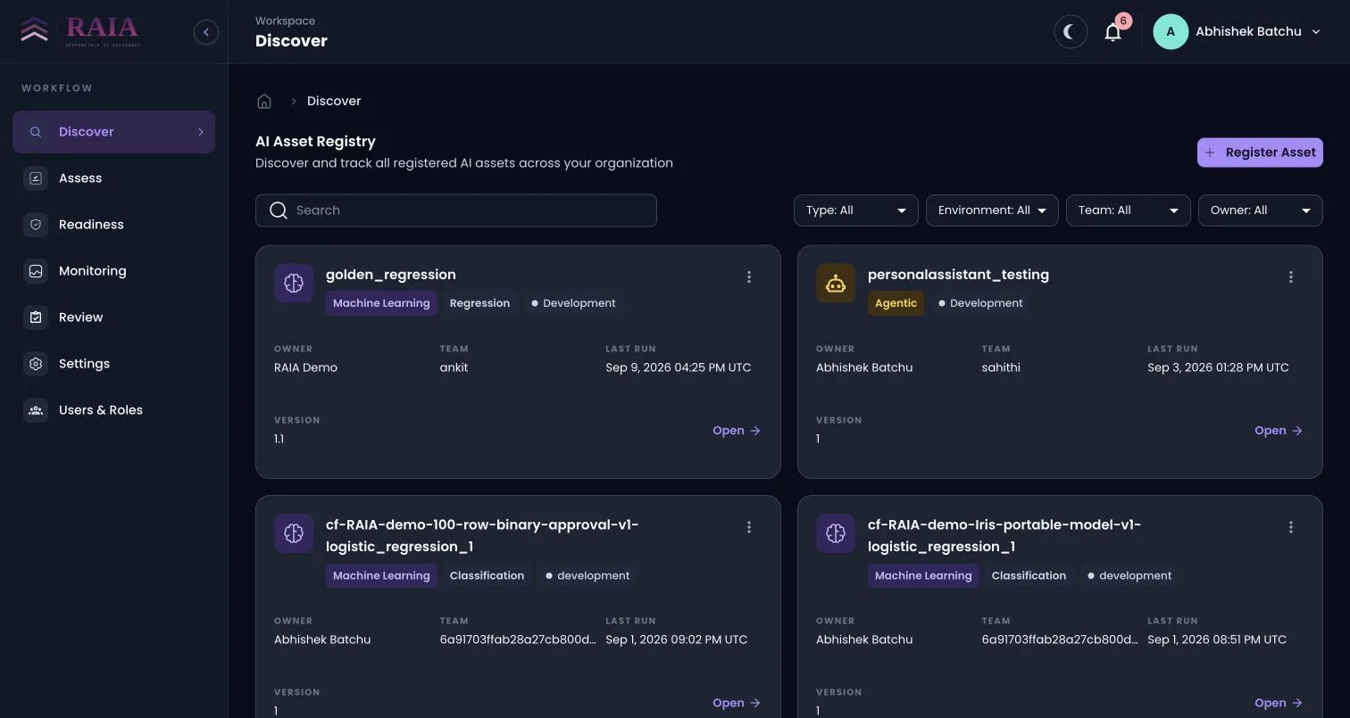 RAIA Discover page listing registered AI assets.